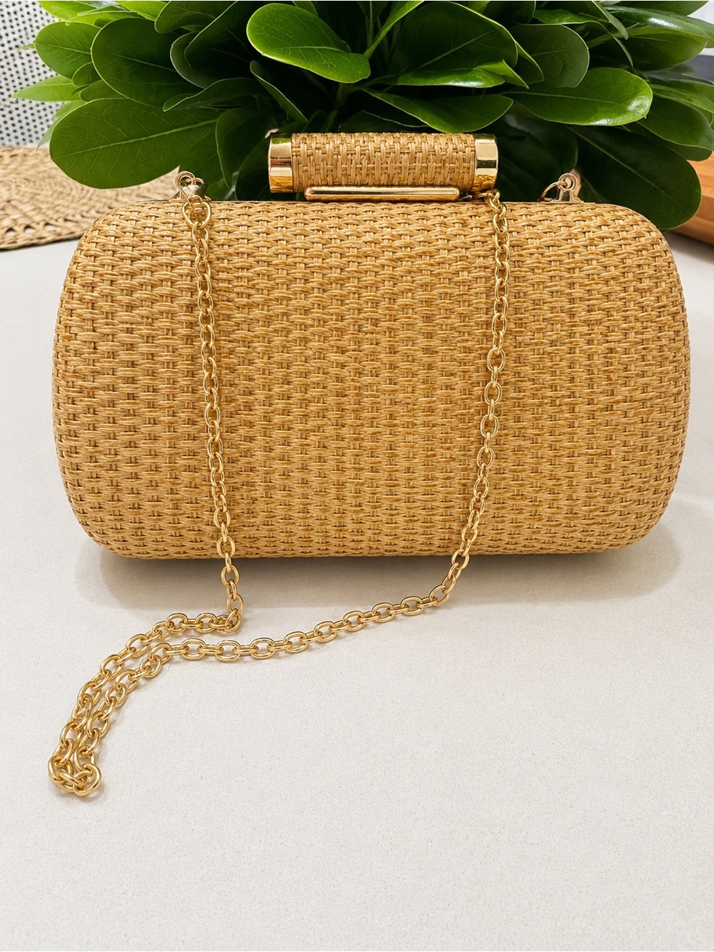 Woven Rattan Crossbody Clutch in Tan with Gold Chain